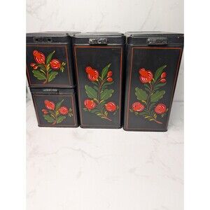 Vintage Ransburg Hand Painted Hinged Lid Metal Canister Set 4 Pc Black Floral